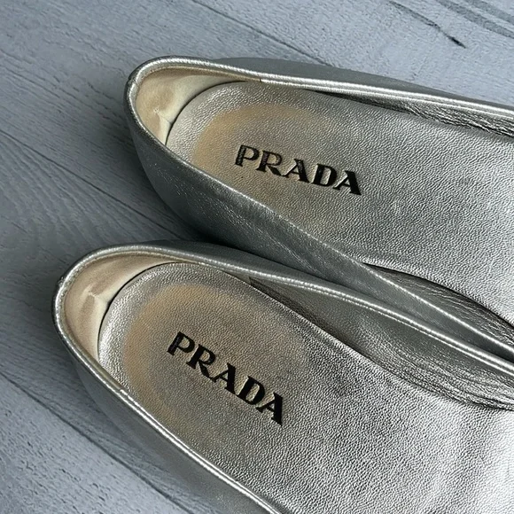 Prada Metallic Silver Leather Ballet Flats Size 5.5 - Picture 9 of 14